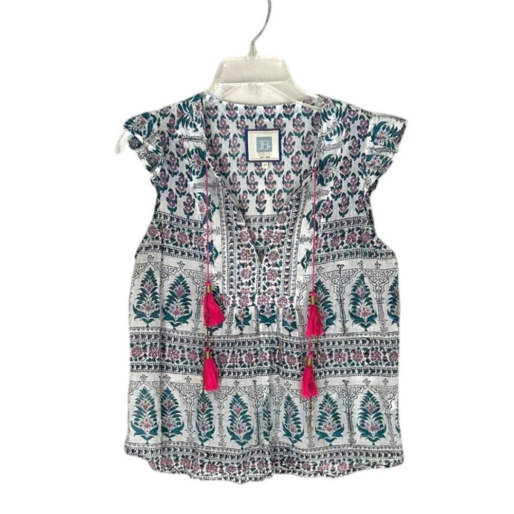 BELL by Alicia Bell Cotton Peasant Boho Beachy top, teal cream pink tassels